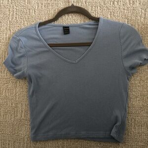 SHEIN Ribbed V-Neck Crop Top in Light Blue